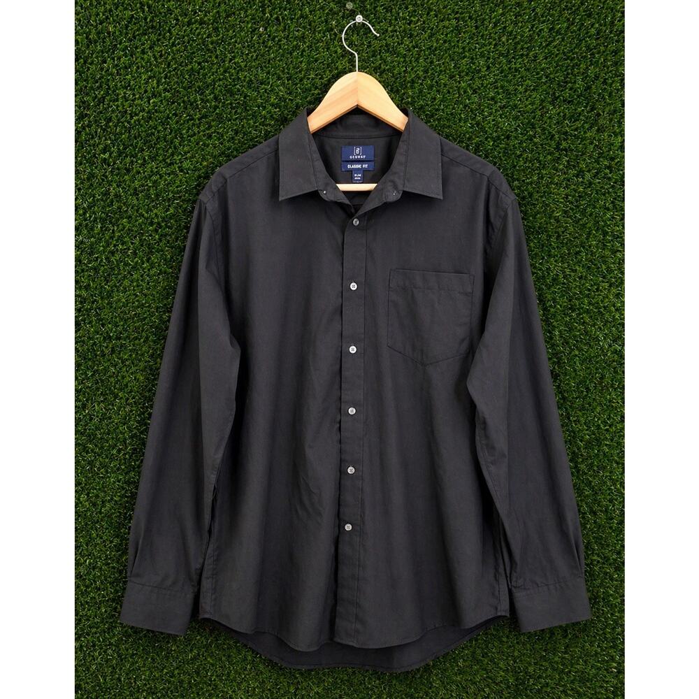 George Men's Long Sleeve Button Down Shirt Black Classic Fit Size L (42-44)
